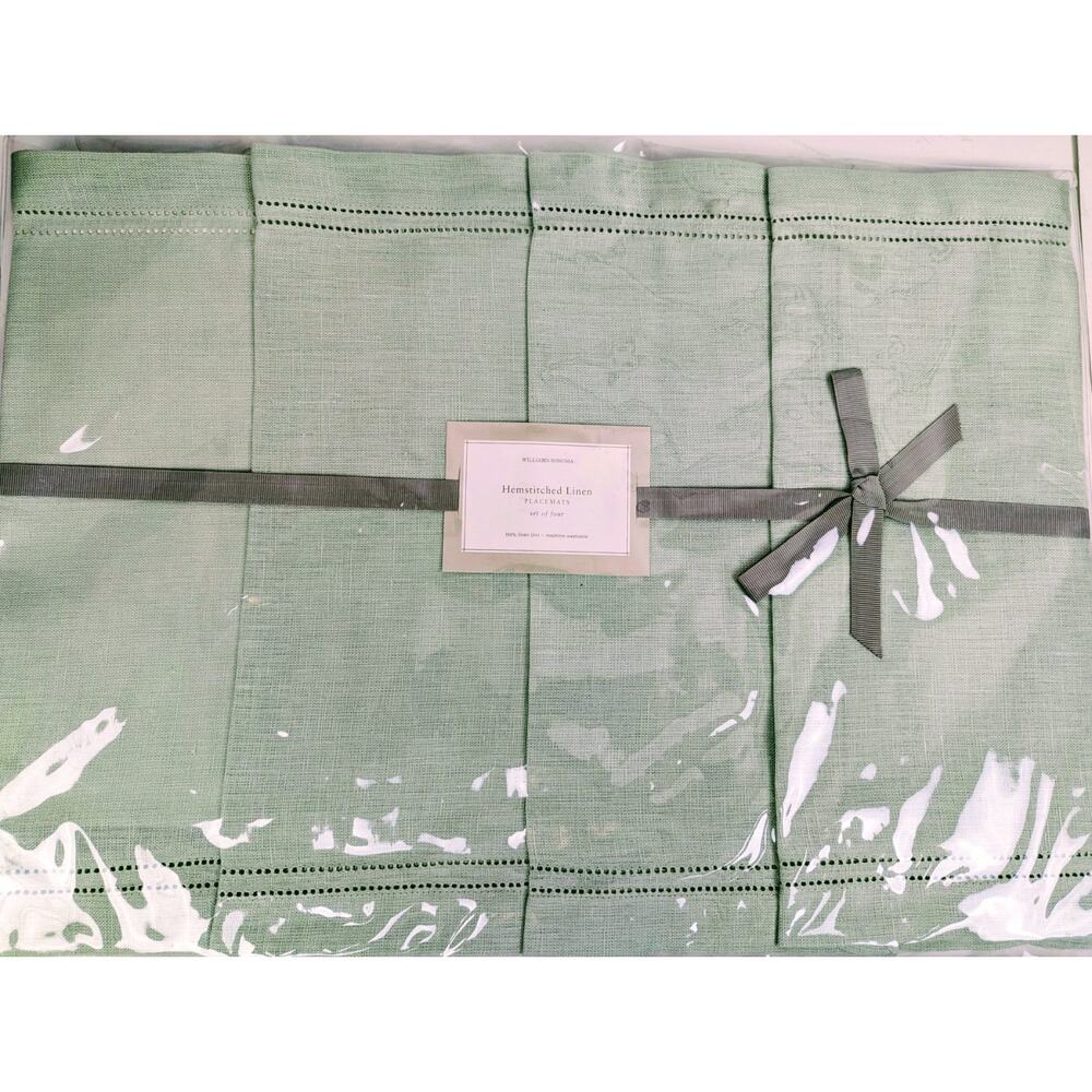 WILLIAMS-SONOMA New! HEMSTITCH 100% LINEN 4 PLACEMATS Lt Green NIP HUNGARY 14X20